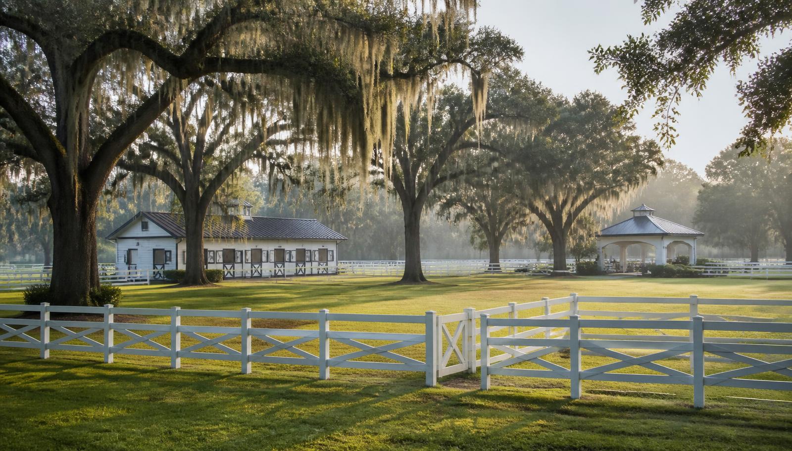Live oaks and white fencing across the Heritage Oaks property in Ocala, Florida