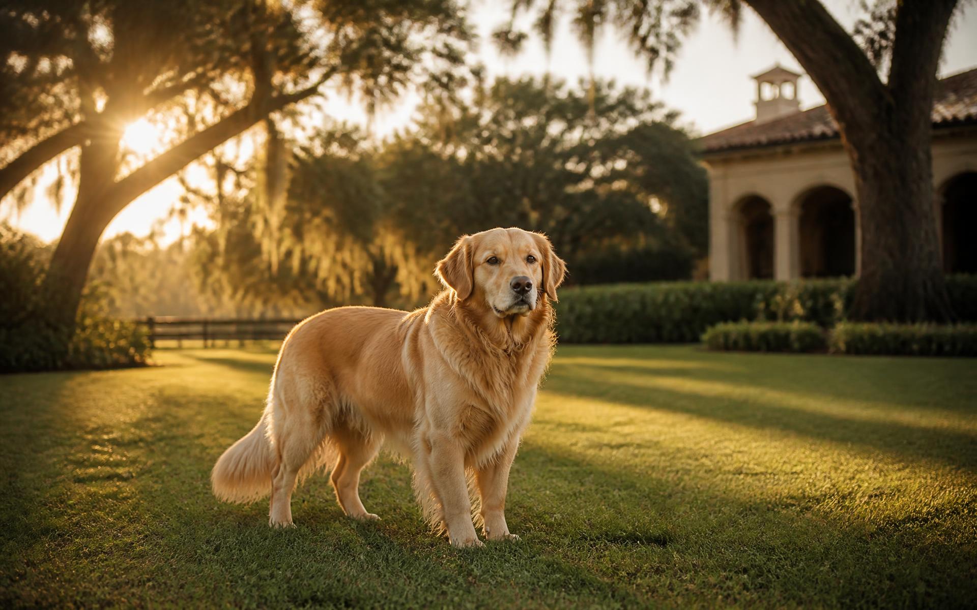 Golden retriever standing on a sunlit lawn at a Florida estate
